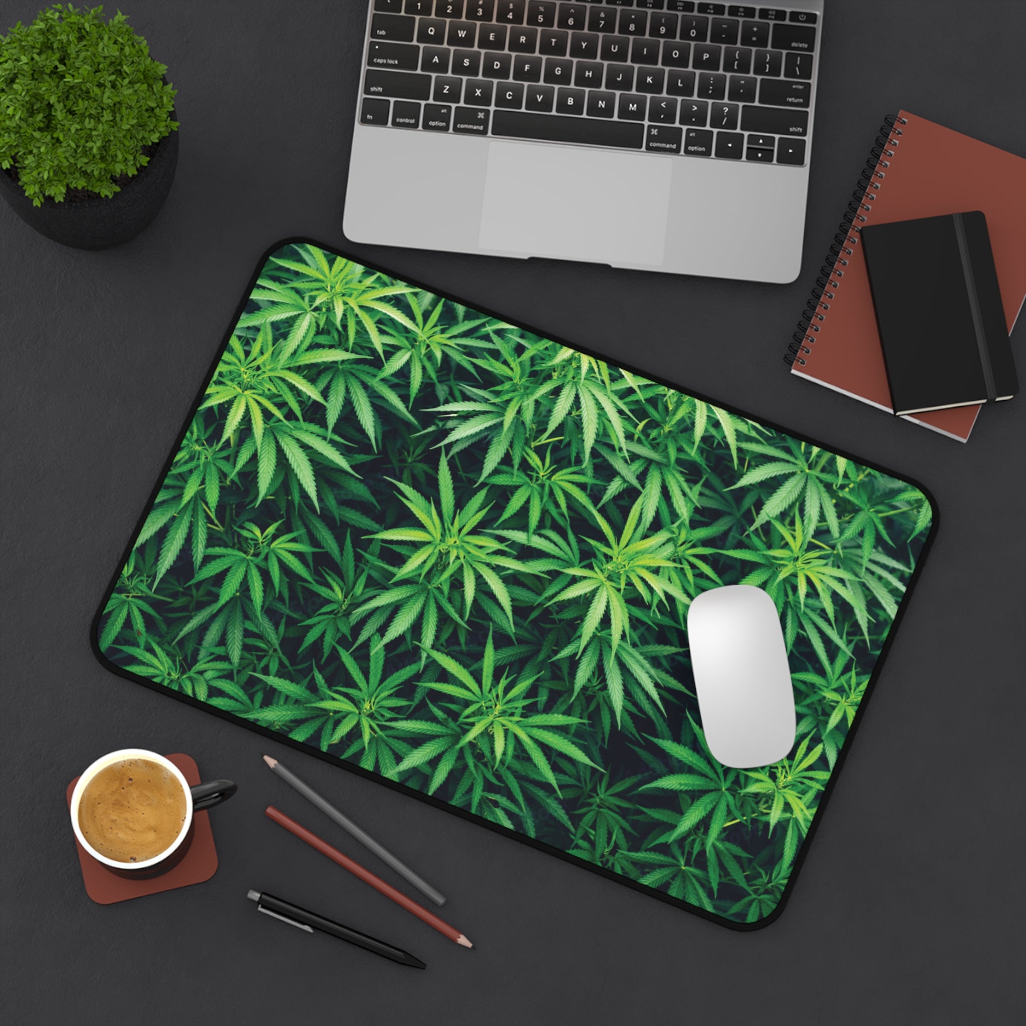 Green Cannabis Leaf Desk Mat — Botanical Gaming & Home Office Mouse Pad